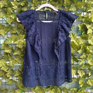 Navy Lace Ruffle Top
